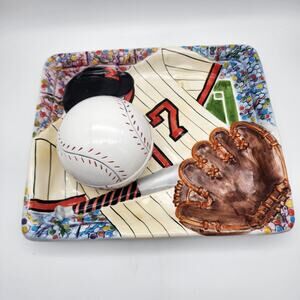 World Bazaars Baseball Theme Chips & Dip Ceramic Platter World Series 14x12